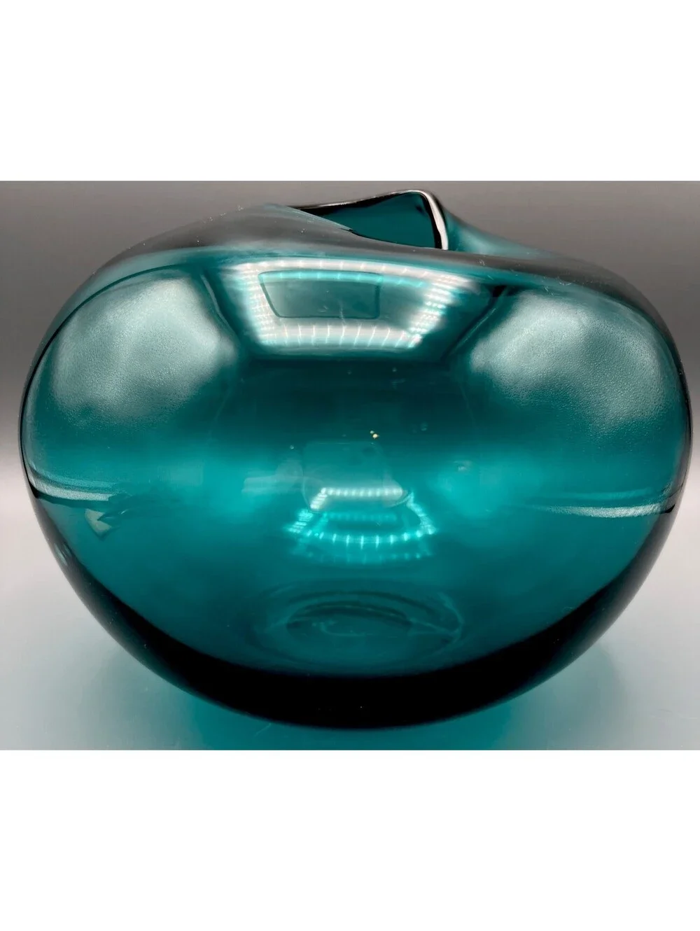 Studio Art Glass Hand Blown Teal Vase Collapsed Pinched Rim Polished Pontil
